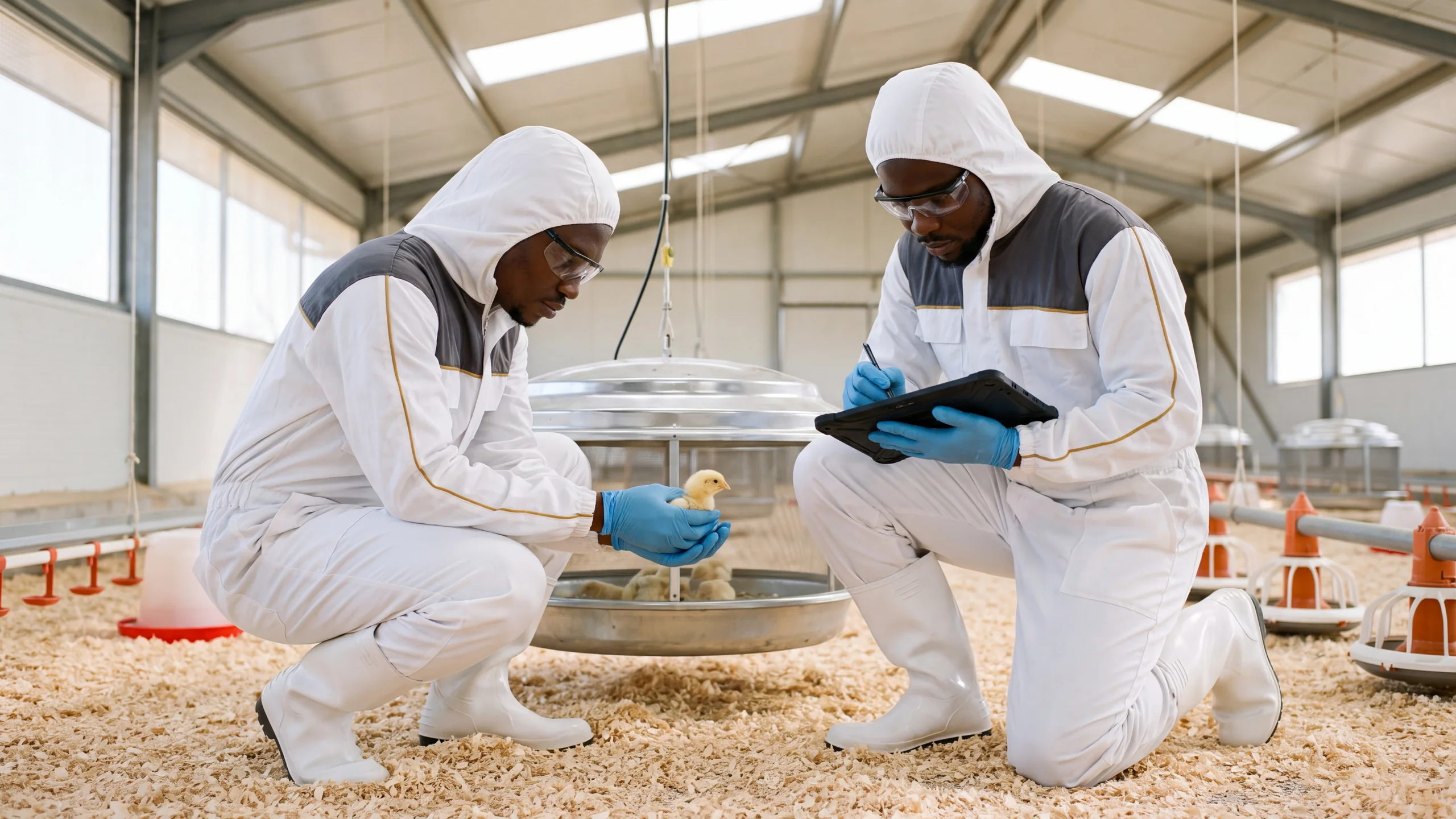 Two specialists checking newly placed chicks under a brooder