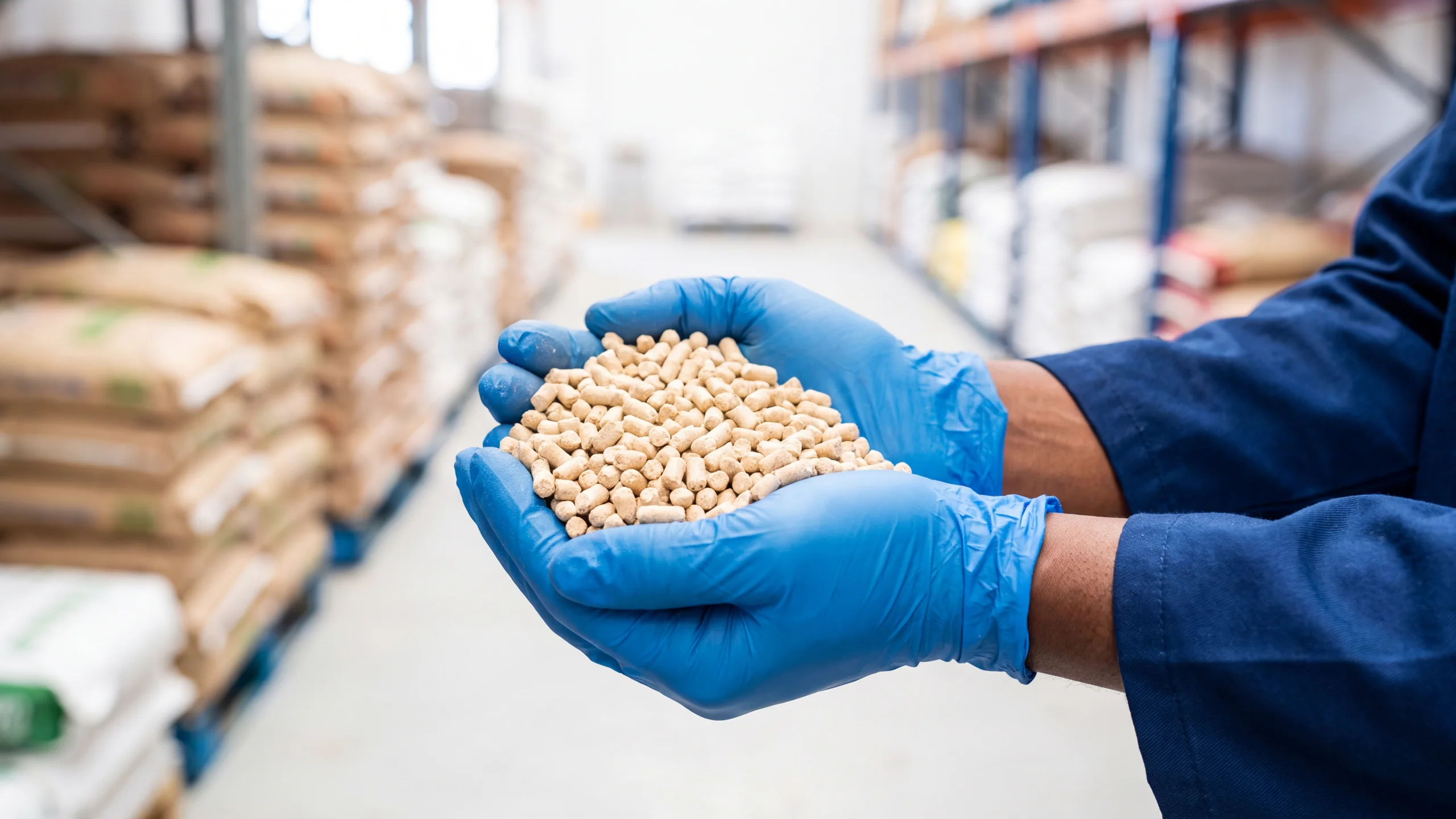 Feed pellets held in gloved hands
