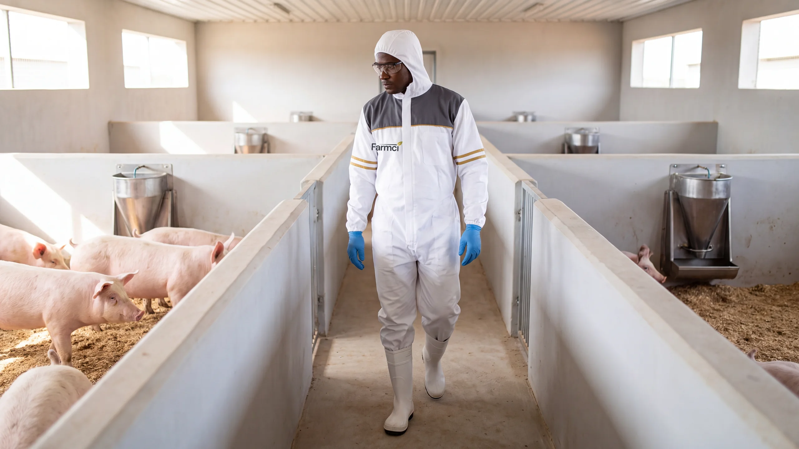 A specialist walking the clean central aisle of a piggery