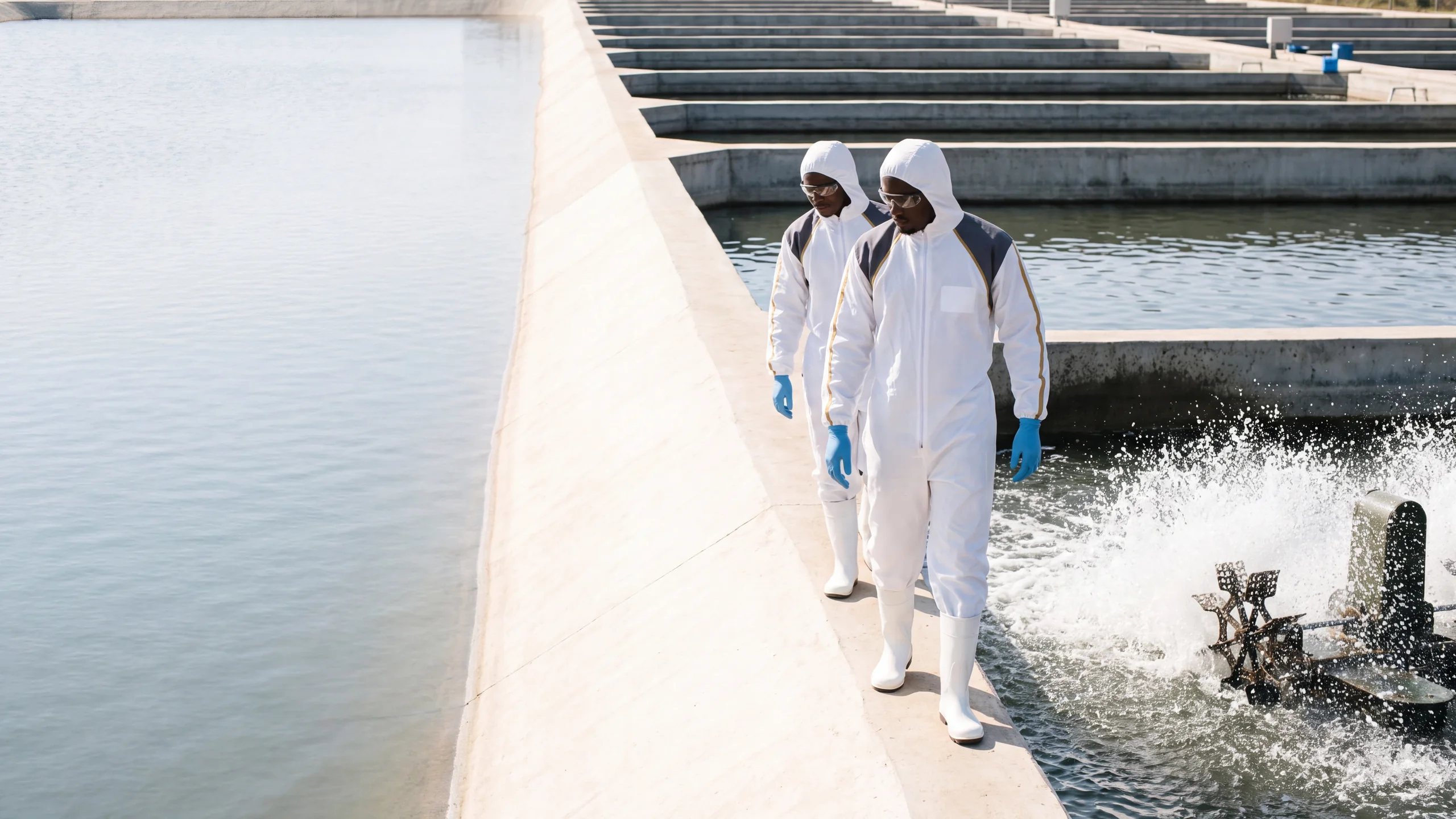 A wide view of a commercial catfish farm with an aerator running