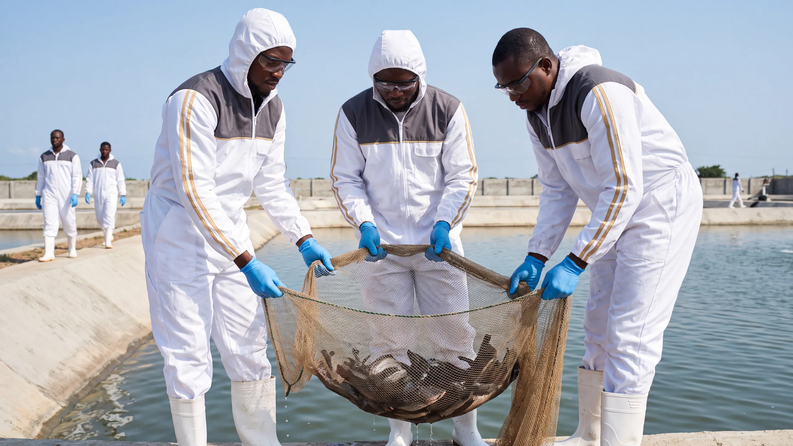 Specialists lifting a seine net of catfish at the edge of a pond